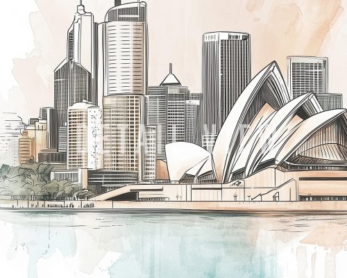 Illustration of the Sydney Opera House with the city skyline in the background, featuring tall buildings and a waterfront.