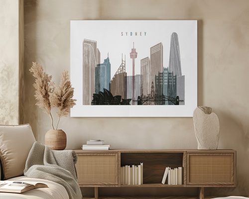 Artistic representation of Sydney's skyline featuring iconic buildings and structures.