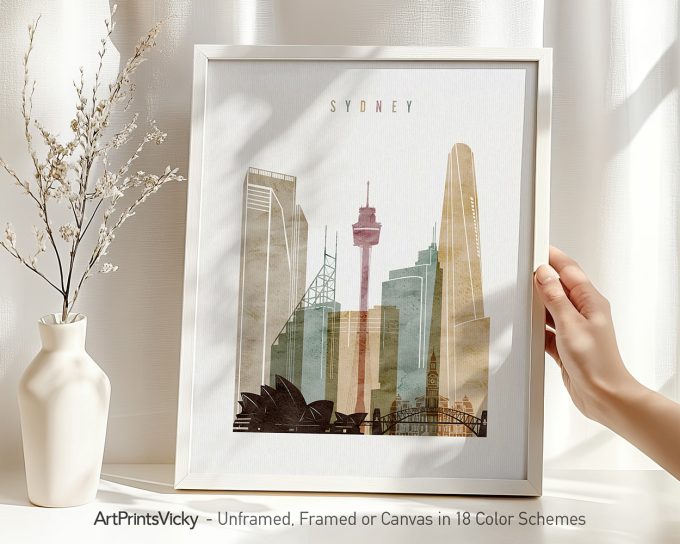 Art print featuring a stylized illustration of Sydney's skyline with notable buildings.