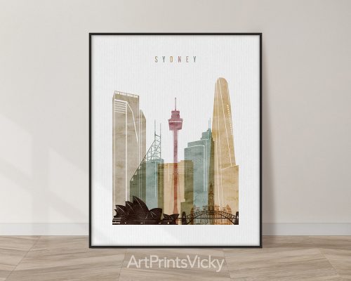Sydney skyline poster with iconic landmarks in a textured watercolor 1 style by ArtPrintsVicky.