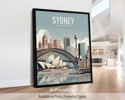 Sydney illustrated skyline travel poster in smooth colors by ArtPrintsVicky