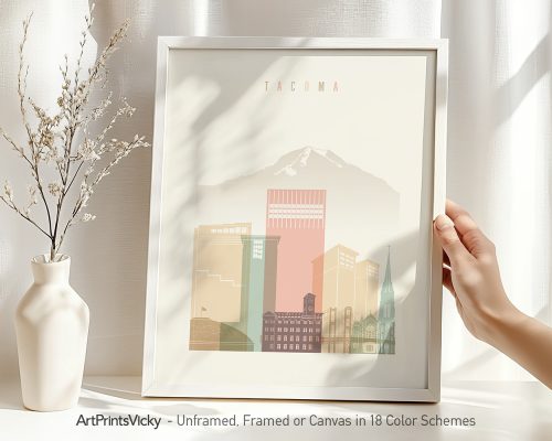 Art print featuring a stylized cityscape of Tacoma with buildings and a mountain in the background.