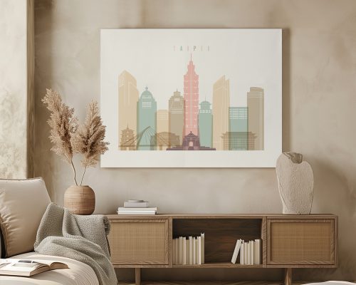 Taipei cityscape horizontal wall art poster in warm pastels featuring city’s iconic landmarks. Available in 18 color schemes framed, unframed or canvas by ArtPrintsVicky.