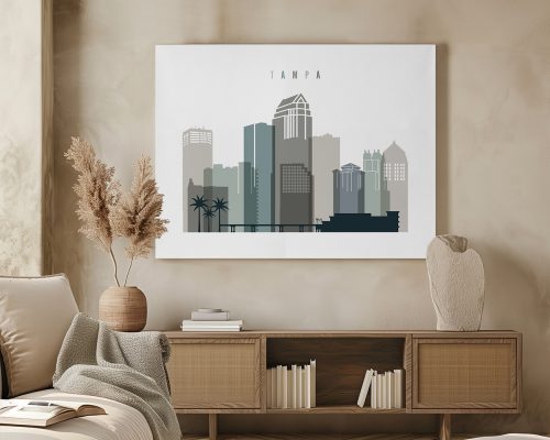 Stylized artwork of the Tampa city skyline with buildings and palm trees.