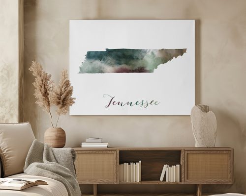 Artistic representation of the state of Tennessee with watercolor effects and the name 'Tennessee' below.