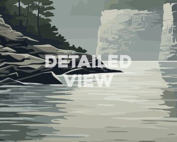 Illustration depicting rocks and trees along a calm water surface with a reflective quality.
