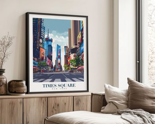 Illustration of Times Square in New York City with buildings and a crosswalk.