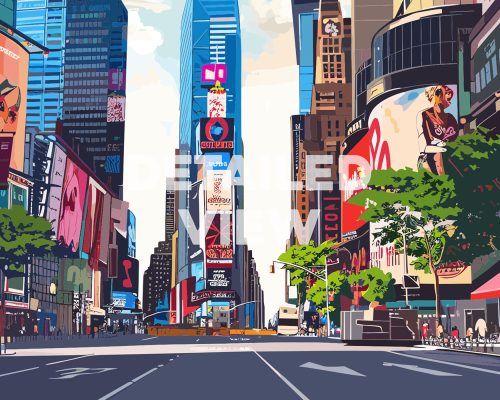Illustration depicting Times Square with skyscrapers and billboards in a vibrant city scene.