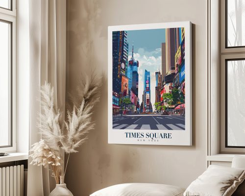 Art print of Times Square in New York City featuring tall buildings and a busy street.