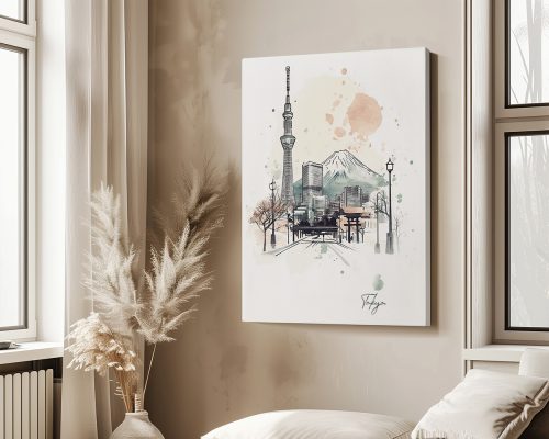 Artistic drawing of Tokyo cityscape featuring the Tokyo Skytree and Mount Fuji in the background.