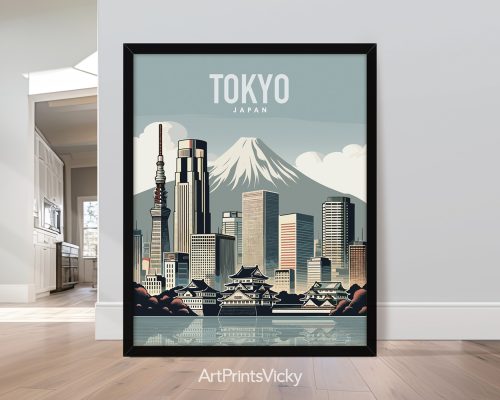 Tokyo skyline travel poster in smooth colors by ArtPrintsVicky