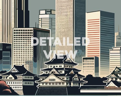 Illustration of Tokyo cityscape featuring modern skyscrapers and traditional architecture.