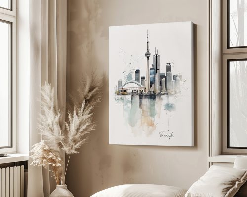 Artistic illustration of the Toronto skyline featuring the CN Tower and other buildings.