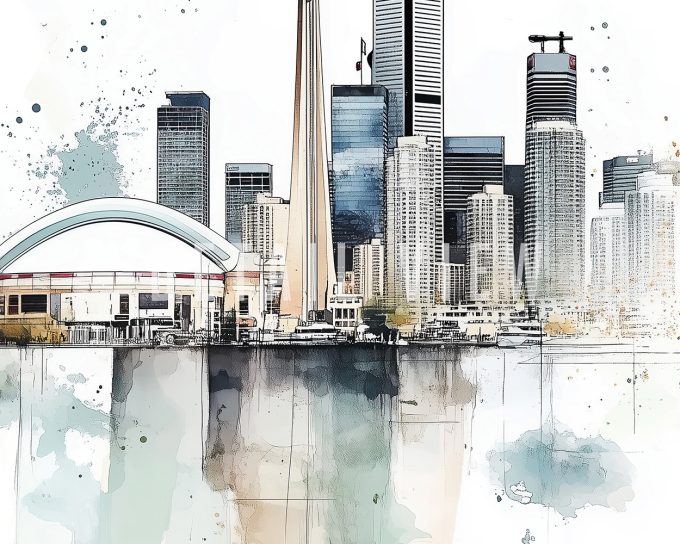 Illustration of the Toronto skyline featuring buildings and the CN Tower with a watercolor effect.
