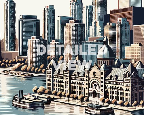 Illustration of Toronto's skyline featuring buildings and a waterfront view with boats.