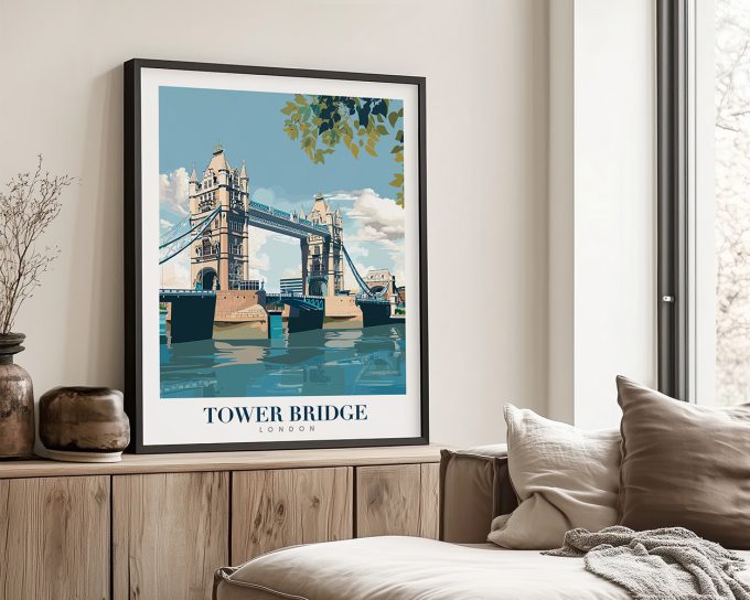 Illustration of Tower Bridge in London with a blue and green color palette.