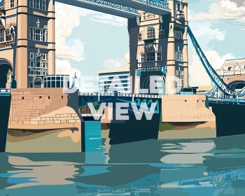 Illustration of Tower Bridge with detailed architectural features and reflections in the water.