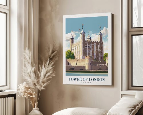 Illustration of the Tower of London featuring its iconic architecture and surrounding landscape.