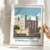 Art print of the Tower of London featuring a detailed illustration with a blue sky and clouds.