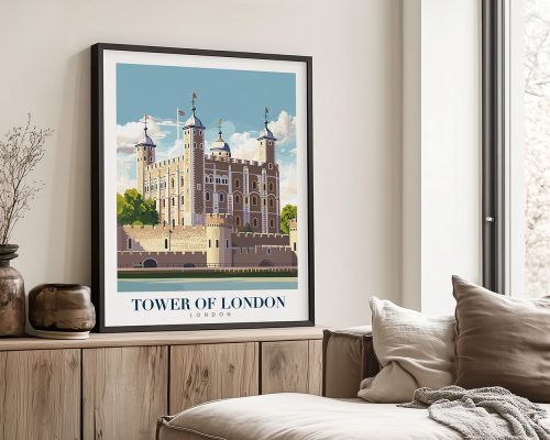 Illustration of the Tower of London featuring its distinctive architecture and flags.