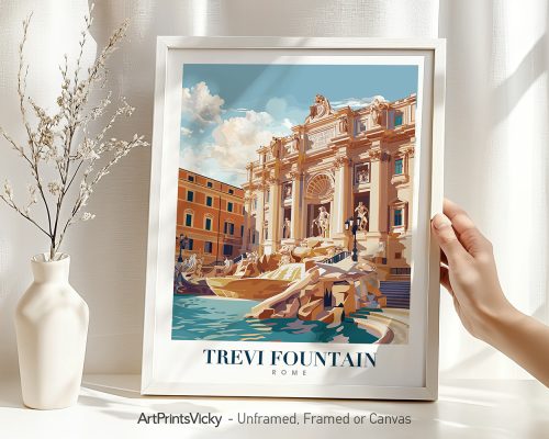 Art print of the Trevi Fountain in Rome, featuring detailed architectural elements and sculptures.