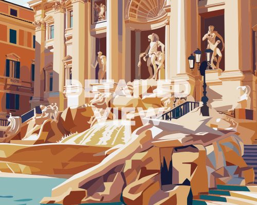 Illustration of the Trevi Fountain featuring sculptures and water features in Rome.