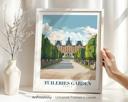 Art print of Tuileries Garden featuring a view of the garden and palace in a stylized design.