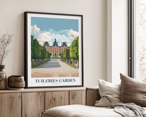 Art print of Tuileries Garden in Paris featuring a pathway and historical building.