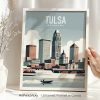 Framed print of Tulsa, Oklahoma, featuring city skyline and river in a modern illustration style.