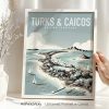 Vintage travel poster featuring Turks and Caicos with a coastal landscape and sailboats.