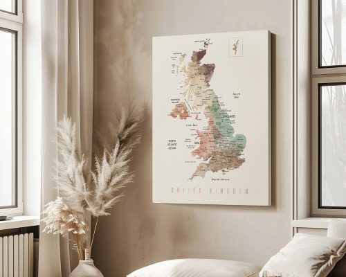 Map of the United Kingdom displaying regions and major cities in a detailed design.