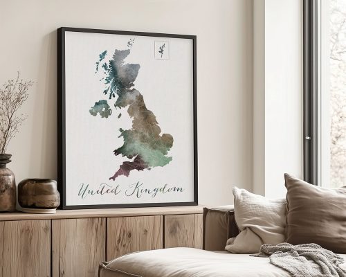 Watercolor map of the United Kingdom featuring various shades of green and blue.