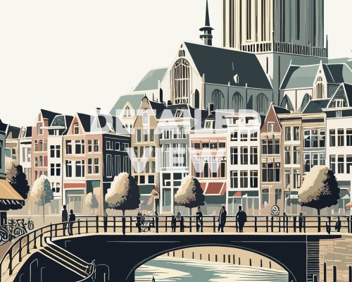 Illustration of a canal in Utrecht with historic buildings and people walking on a bridge.