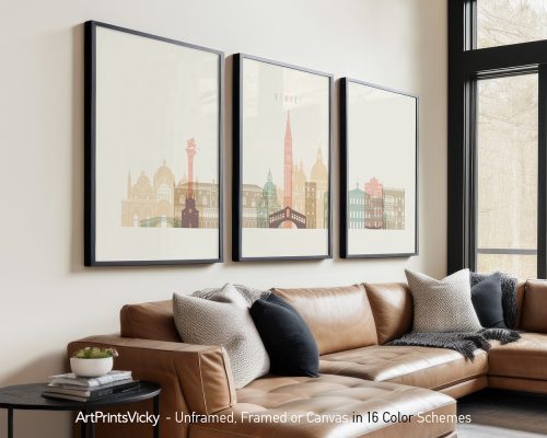 Three framed art prints depicting a stylized Venice cityscape with buildings in soft colors.