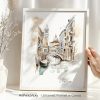 Illustration of a Venice canal with a bridge and buildings in a framed artwork.