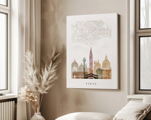 Art print featuring a stylized map of Venice with prominent landmarks illustrated in various colors.