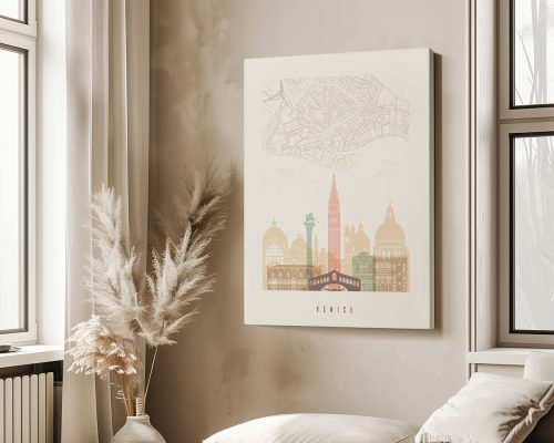 Art print featuring a map of Venice with prominent landmarks and a stylized design.