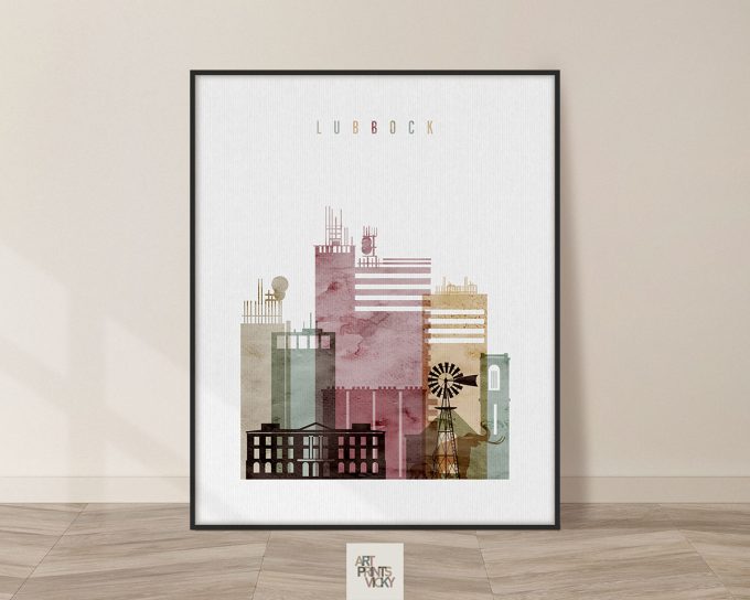 Art print featuring a stylized representation of Lubbock's skyline with various buildings and structures.