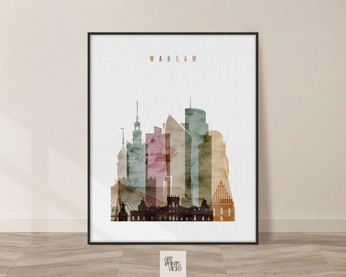 Art print featuring a stylized cityscape of Warsaw with various building silhouettes.
