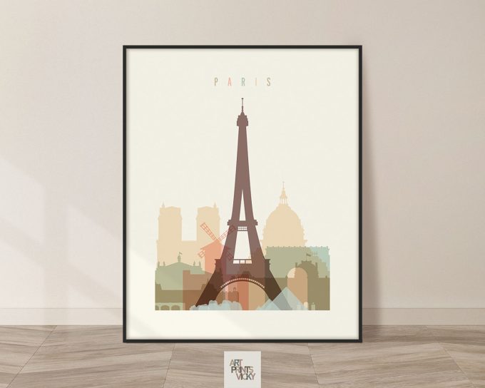Art print featuring the Eiffel Tower and a silhouette of Paris landmarks with the word 'Paris' at the top.