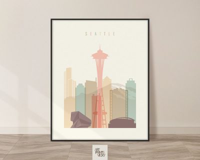 Seattle art print skyline pastel cream
