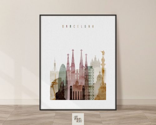 Barcelona skyline art print watercolor 1