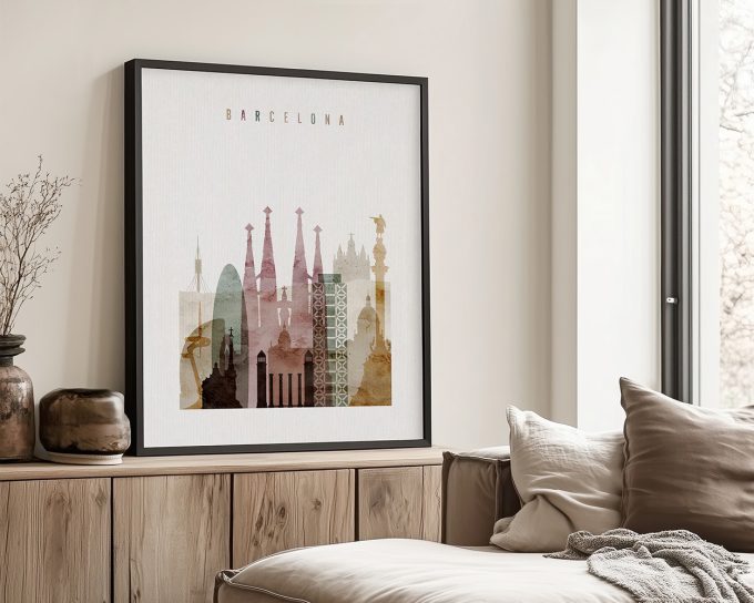 Art print featuring a silhouette of Barcelona's iconic landmarks in soft colors.