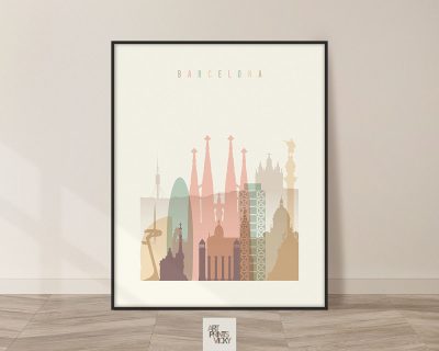 Barcelona art print skyline pastel cream