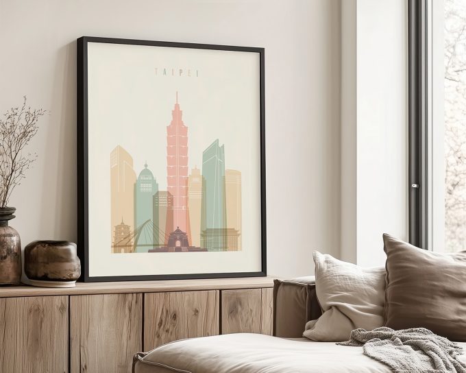 Framed illustration of Taipei's skyline featuring various buildings in soft colors.