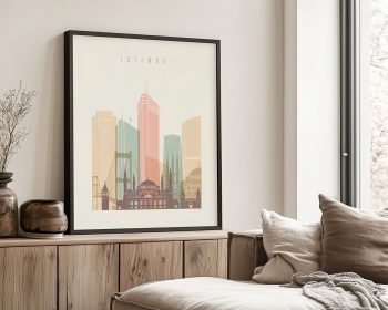 Framed artwork depicting a stylized cityscape of Istanbul with prominent buildings and landmarks.