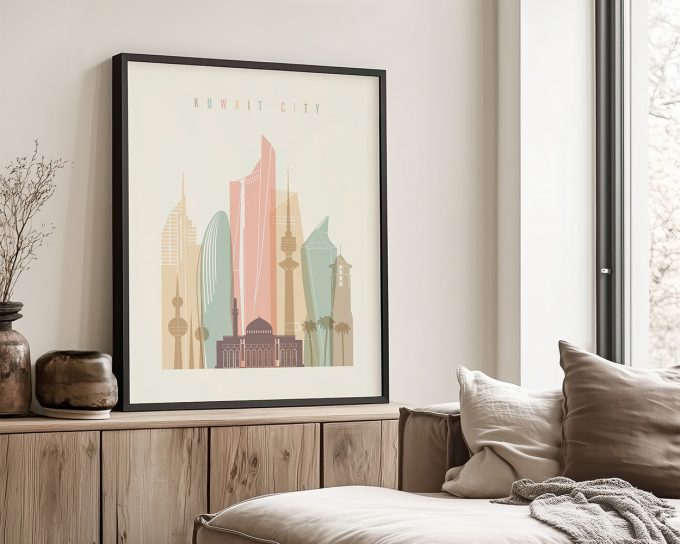 Art print of Kuwait City skyline featuring various iconic buildings in pastel colors.
