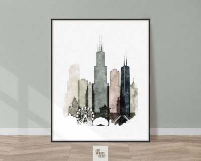 Chicago skyline drawing poster warm tones