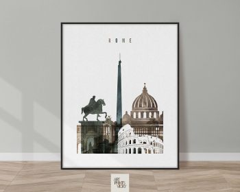 Art print featuring iconic landmarks of Rome including the Colosseum and a statue on a pedestal.