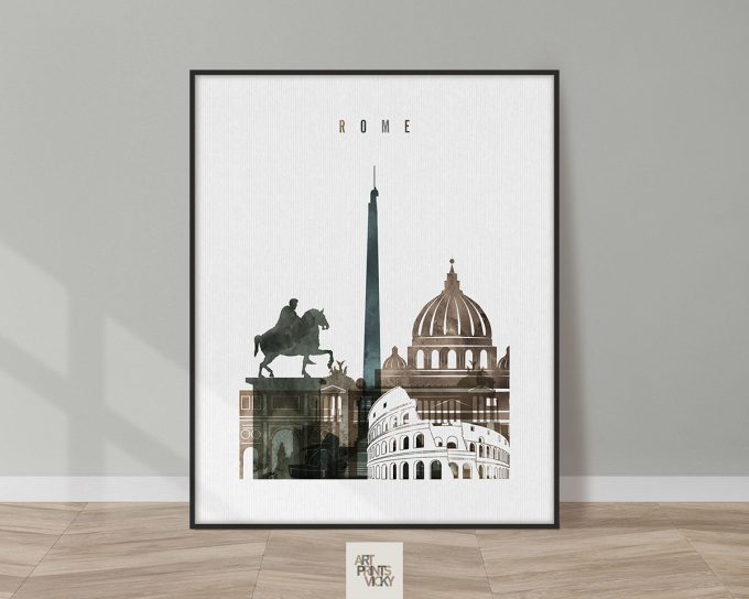 Art print featuring iconic landmarks of Rome including the Colosseum and a statue on a pedestal.